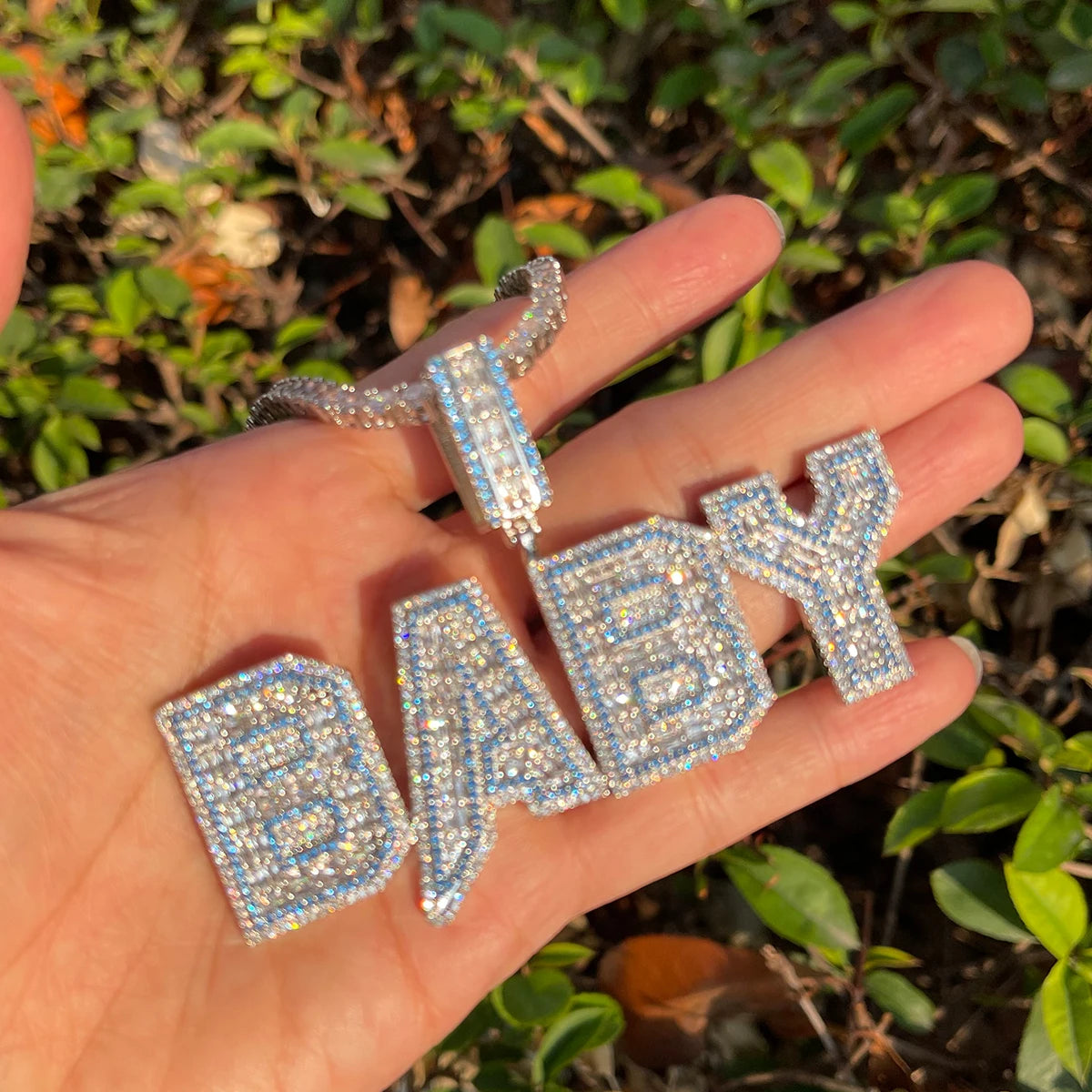 Custom Iced Out Block Letter Baguette Pendant